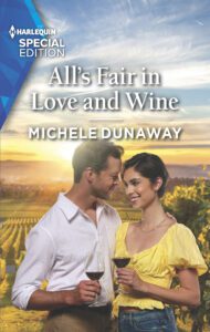 Cover of All's Fair in Love and Wine by Michele Dunaway. A man and a woman stand in a vineyard holding glasses of wine. They stare into each other's eyes.